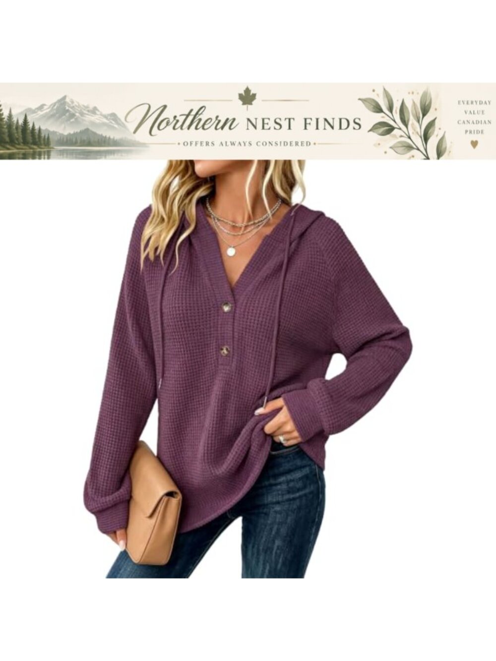 Waffle Knit Button Down Hoodie V-Neck Long Sleeve Casual Pullover